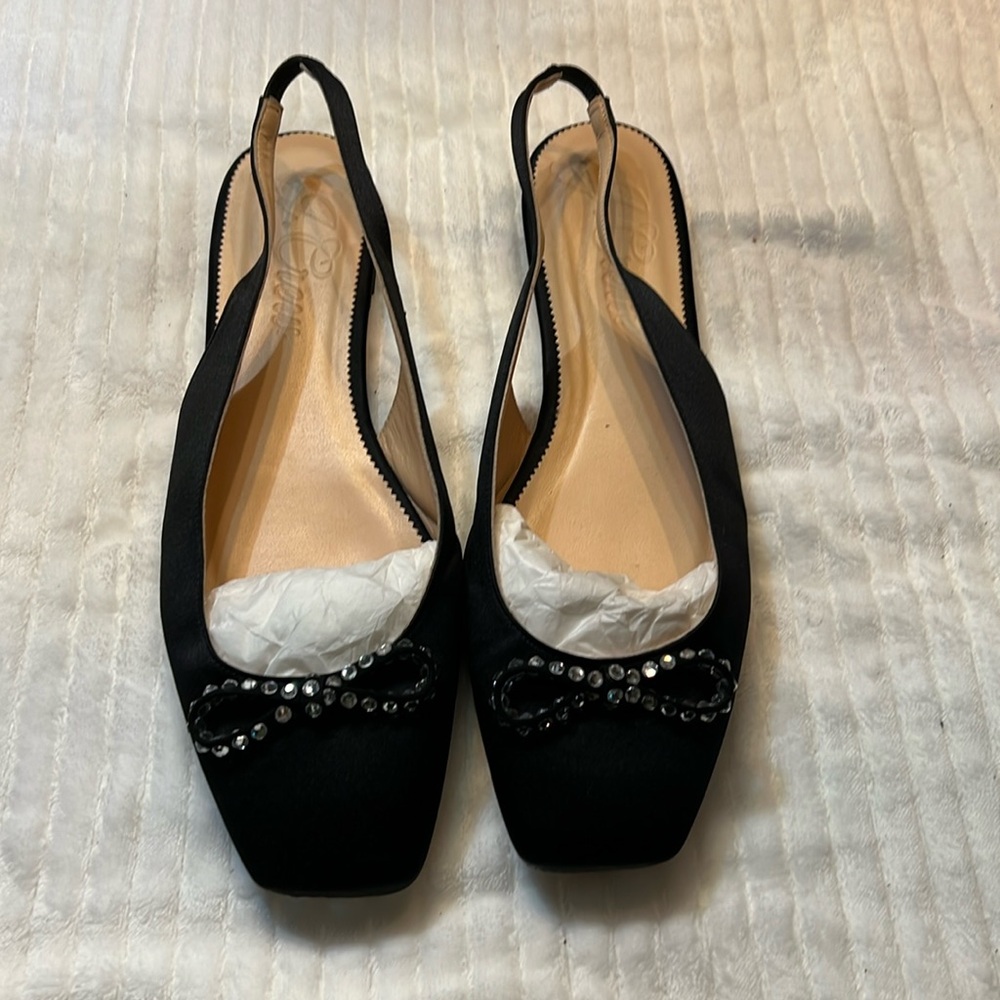 J Crew black flats with a bow and sling back